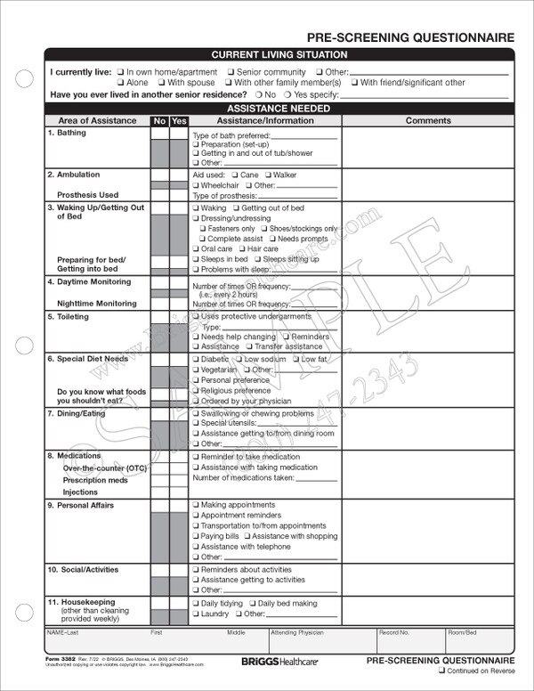 Assisted Living Pre Screening Questionnaire Assisted Living Pre Screening Questionnaire